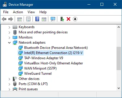 Windows Device Manager showing Intel network adapter as selected
